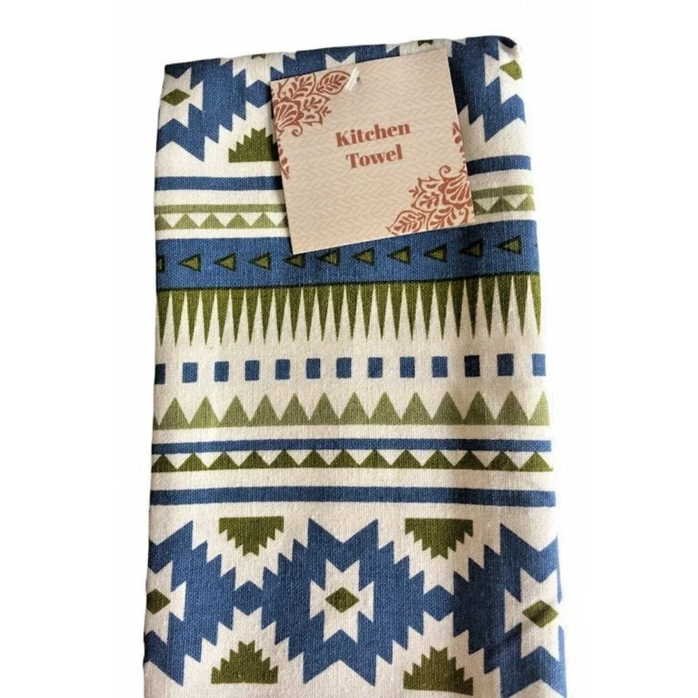 Southwest Kitchen Dish Tea Towels Tasseled Blue Navajo Native American Set Of 2
